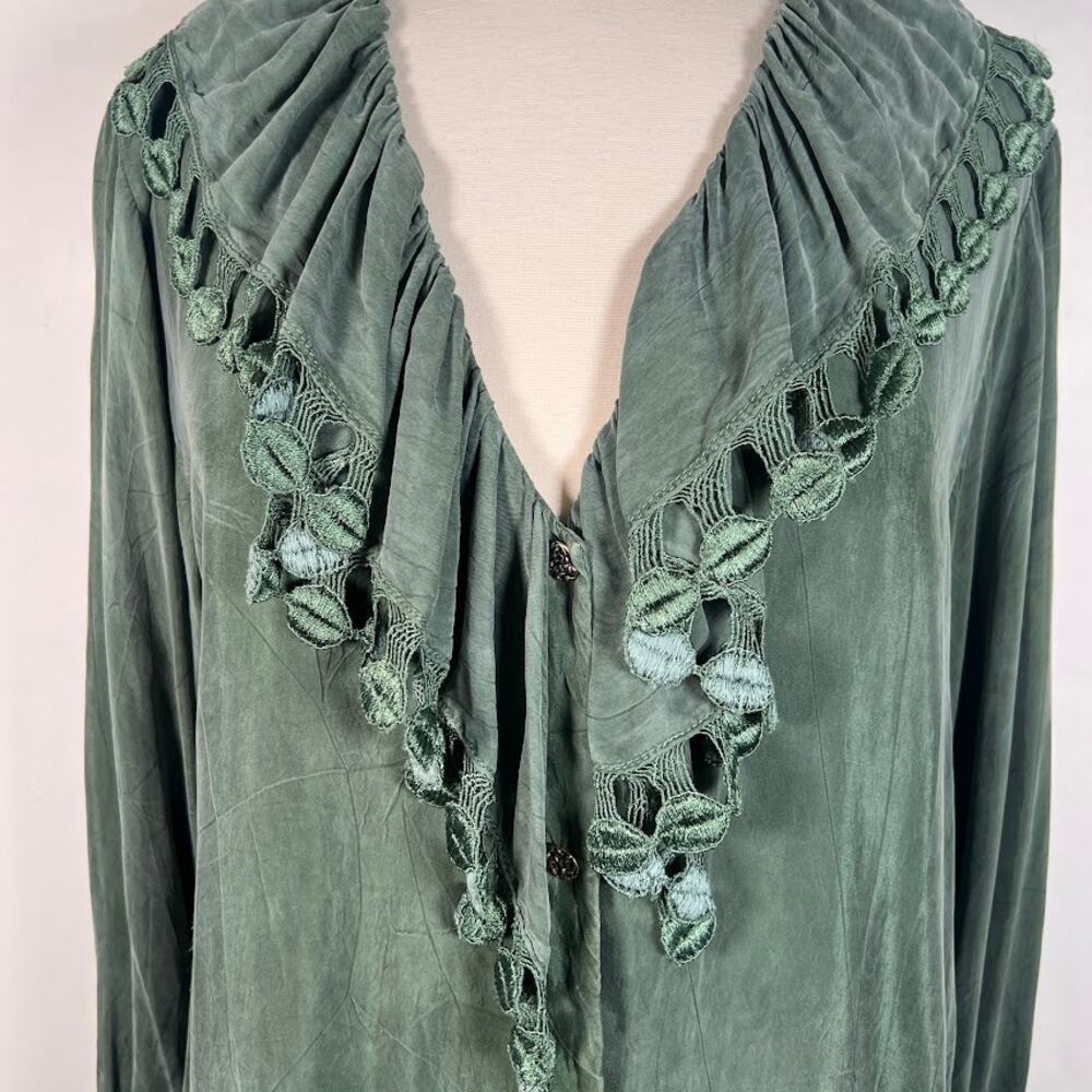 Ann Ferriday Vintage Women's Ruffle Lace Shirt OS Army Green Long Sleeve - Picture 4 of 10